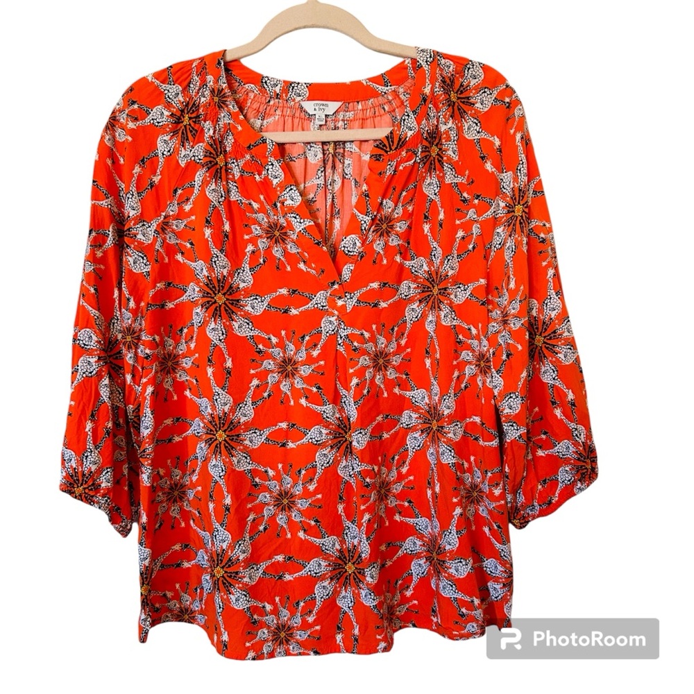 Crown & Ivy Orange Giraffe Safari Summer Long Sleeve Top Plus Size XL